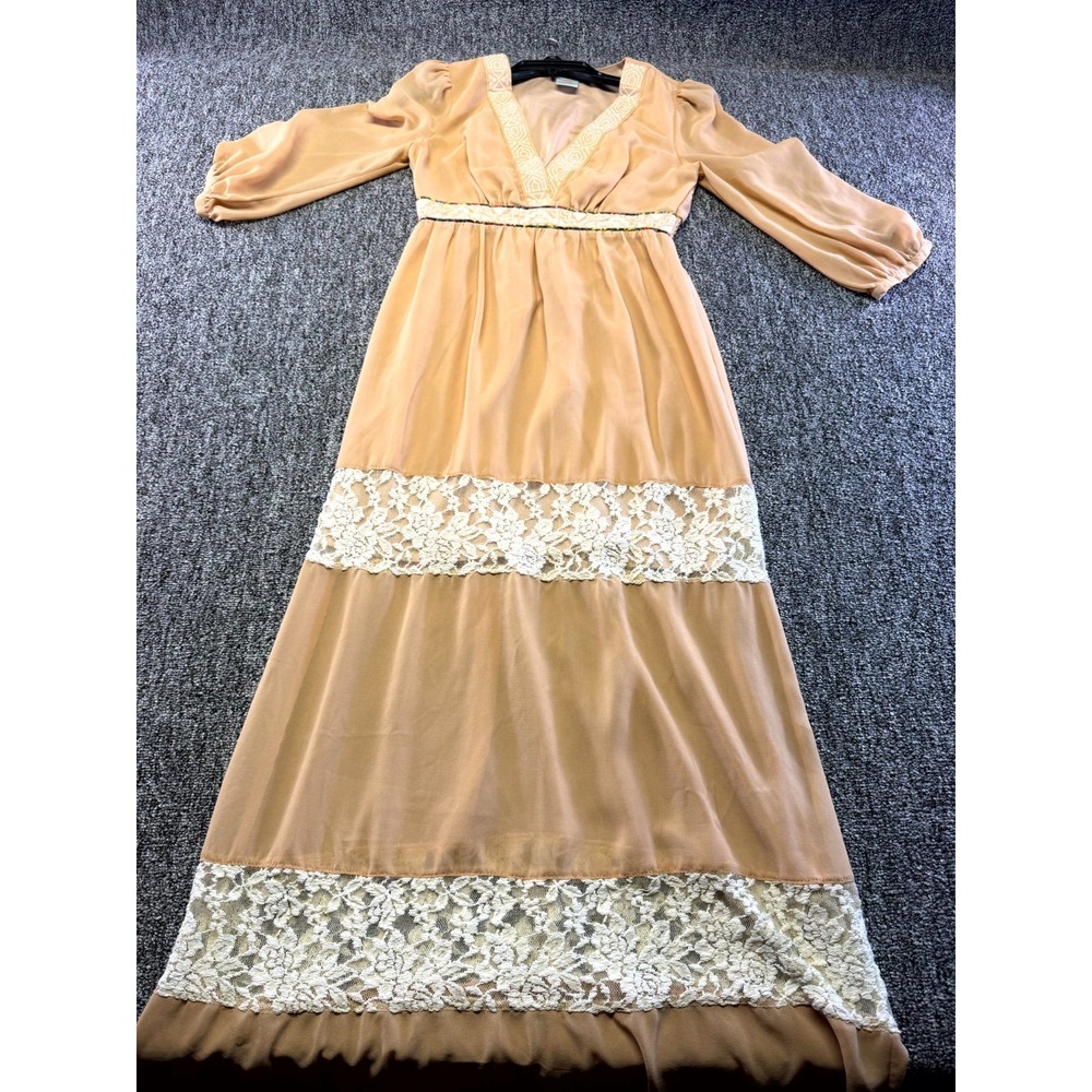 Flying Tomato Maxi Dress Womens Small Tan Cotton Lace Panel Long Sleeve V Neck